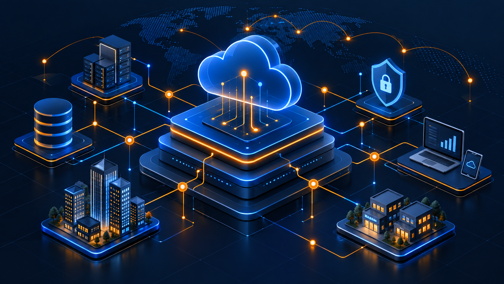 Corporate technology architecture across cloud, infrastructure, security and business systems